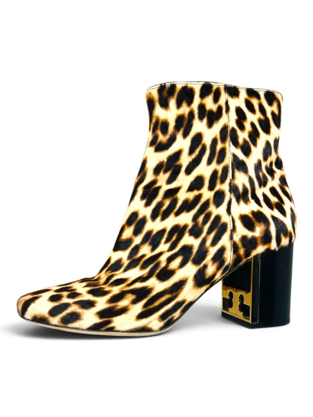Tory Burch Gigi Leopard Pony Hair Ankle Booties Gold Logo Block Heel Size 8.5
